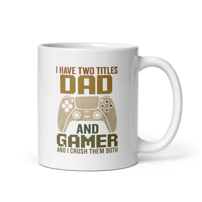 Mug with 'Dad and Gamer' text and controller graphic.