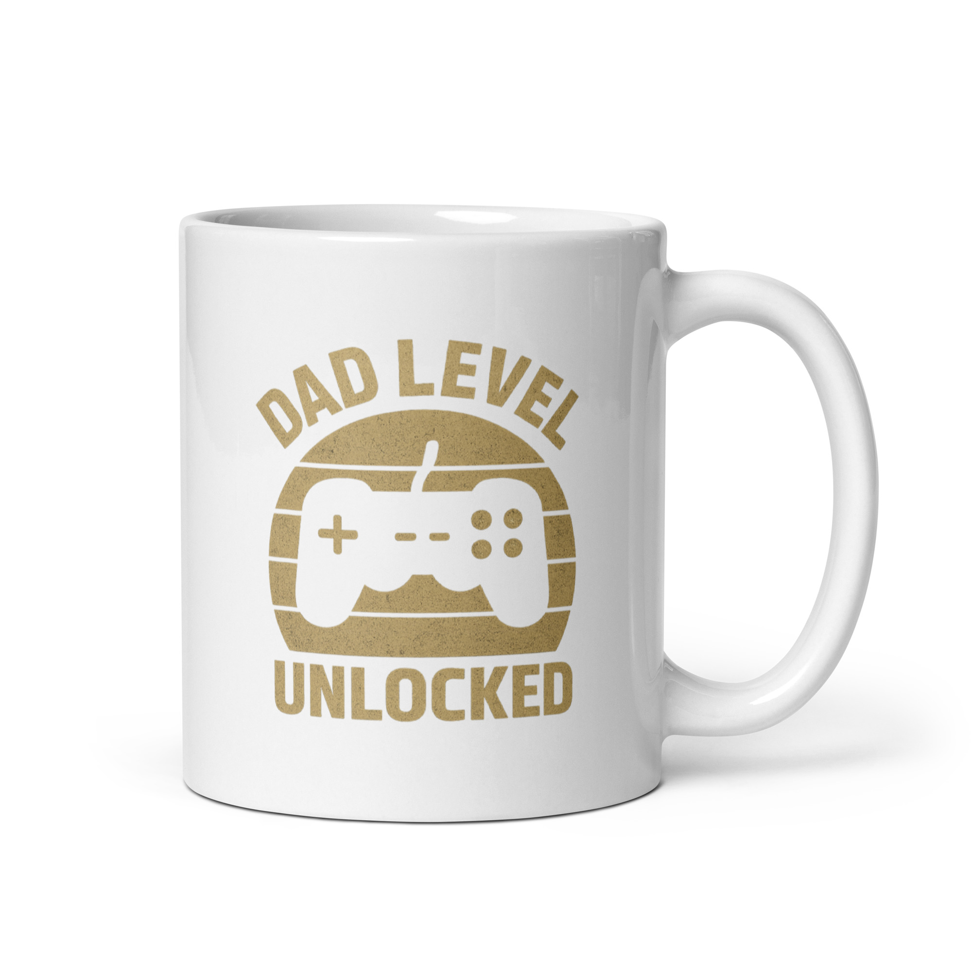 white-glossy-mug-white-11-oz-handle-on-right-68f62d58846cb.jpg White mug with 'Dad Level Unlocked' design.