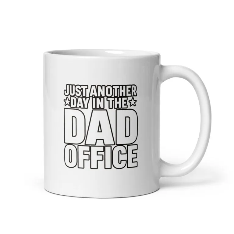 White mug with 'Dad Office' text design.