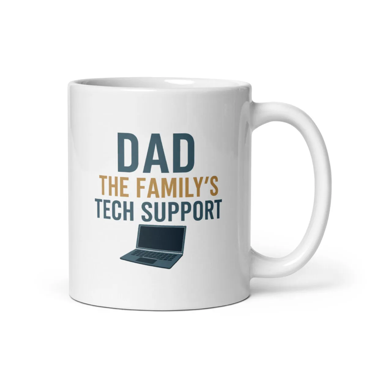 Mug with dad tech support design and laptop icon.