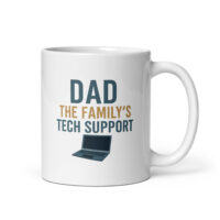 Mug with dad tech support design and laptop icon.