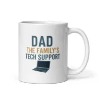 Mug with dad tech support design and laptop icon.