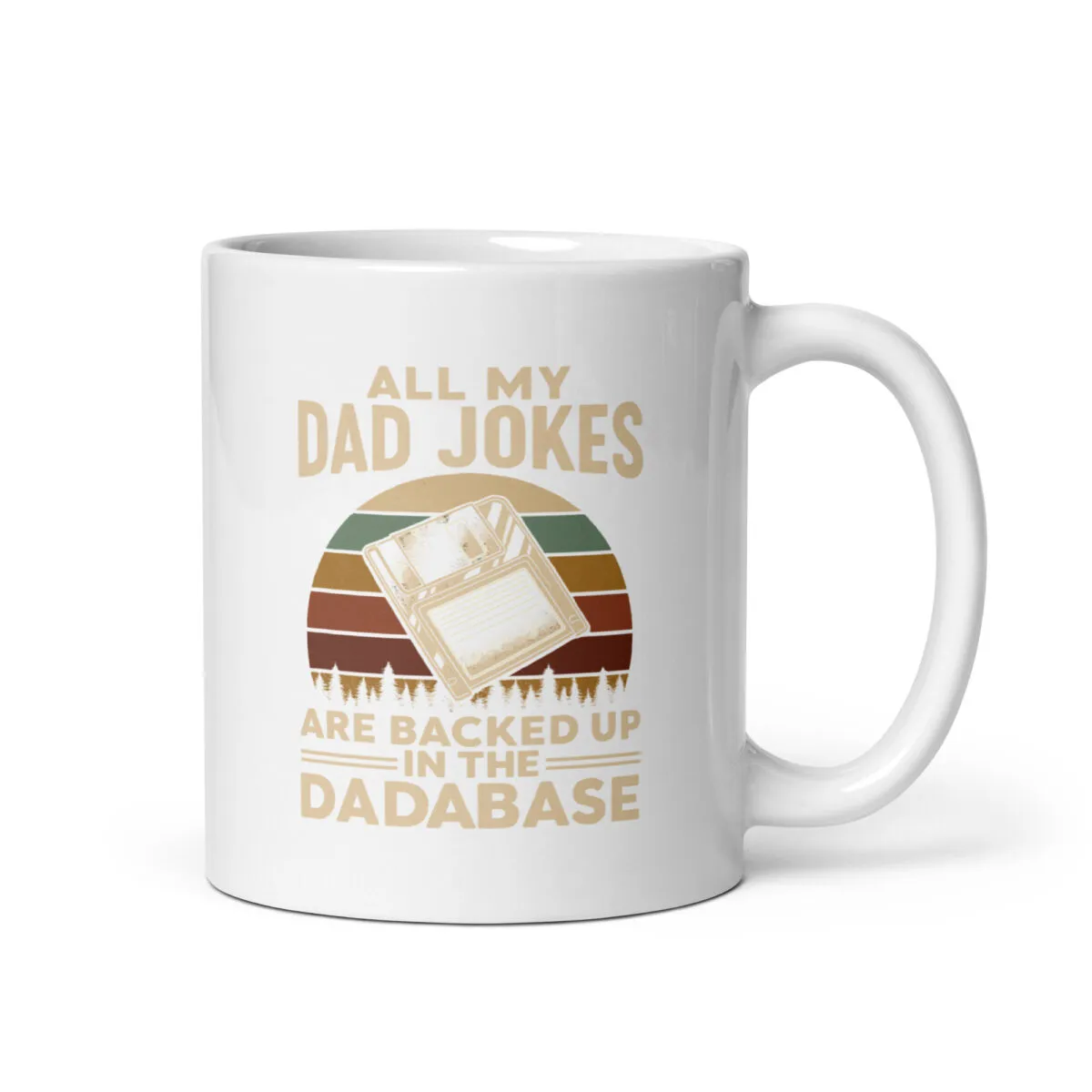 White mug with 'dad jokes' pun design.
