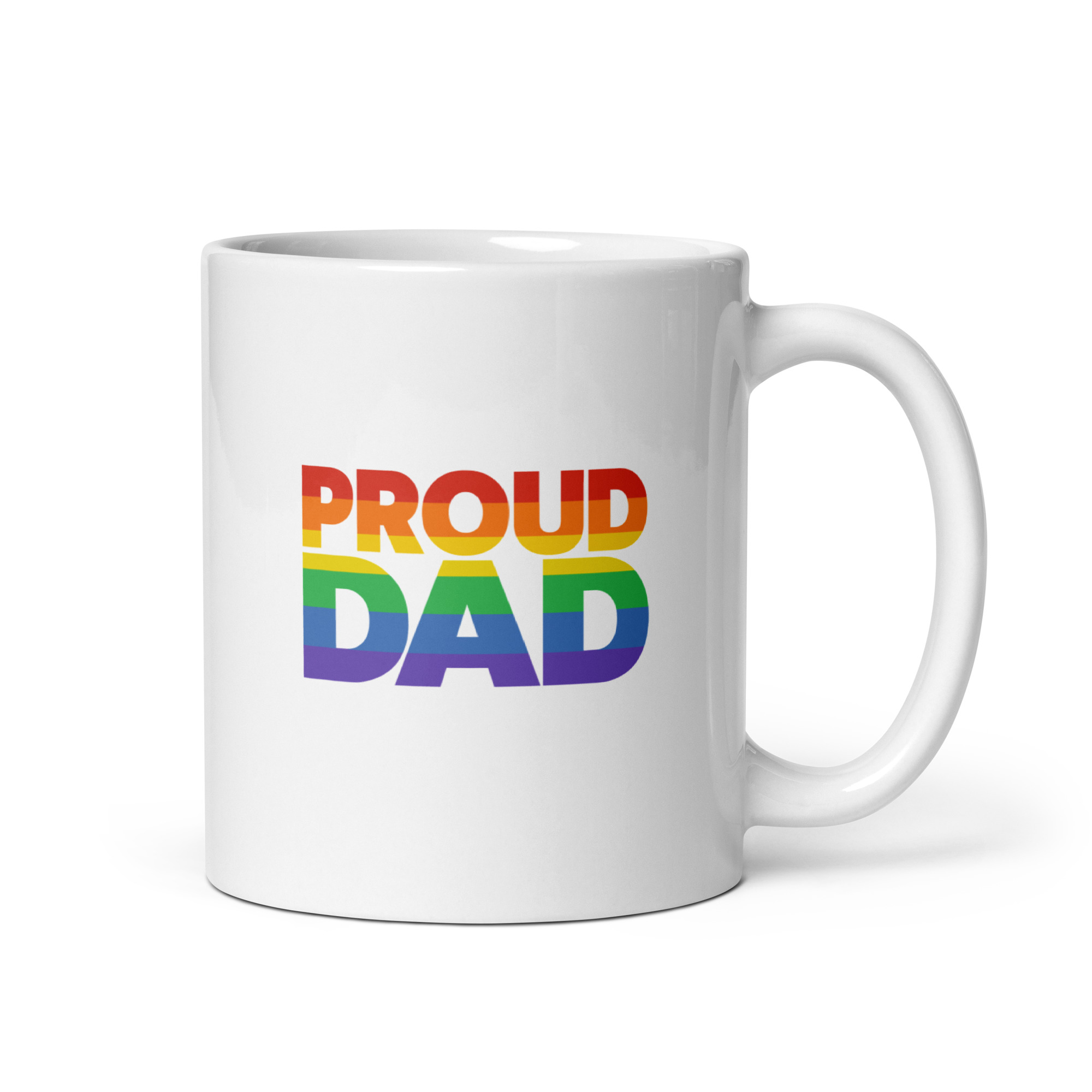 white-glossy-mug-white-11-oz-handle-on-right-68f732c28ae30.jpg White mug with rainbow 'Proud Dad' text.