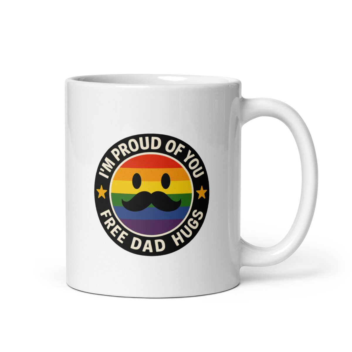Mug with rainbow mustache smiley, proud dad message.