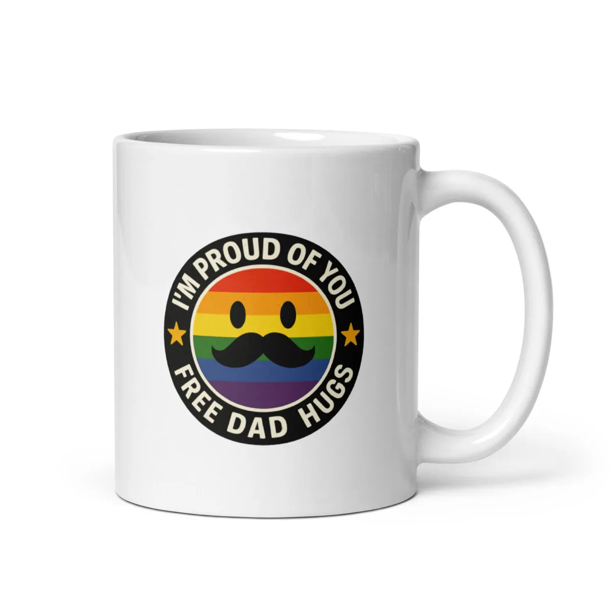 Mug with rainbow mustache smiley, proud dad message.