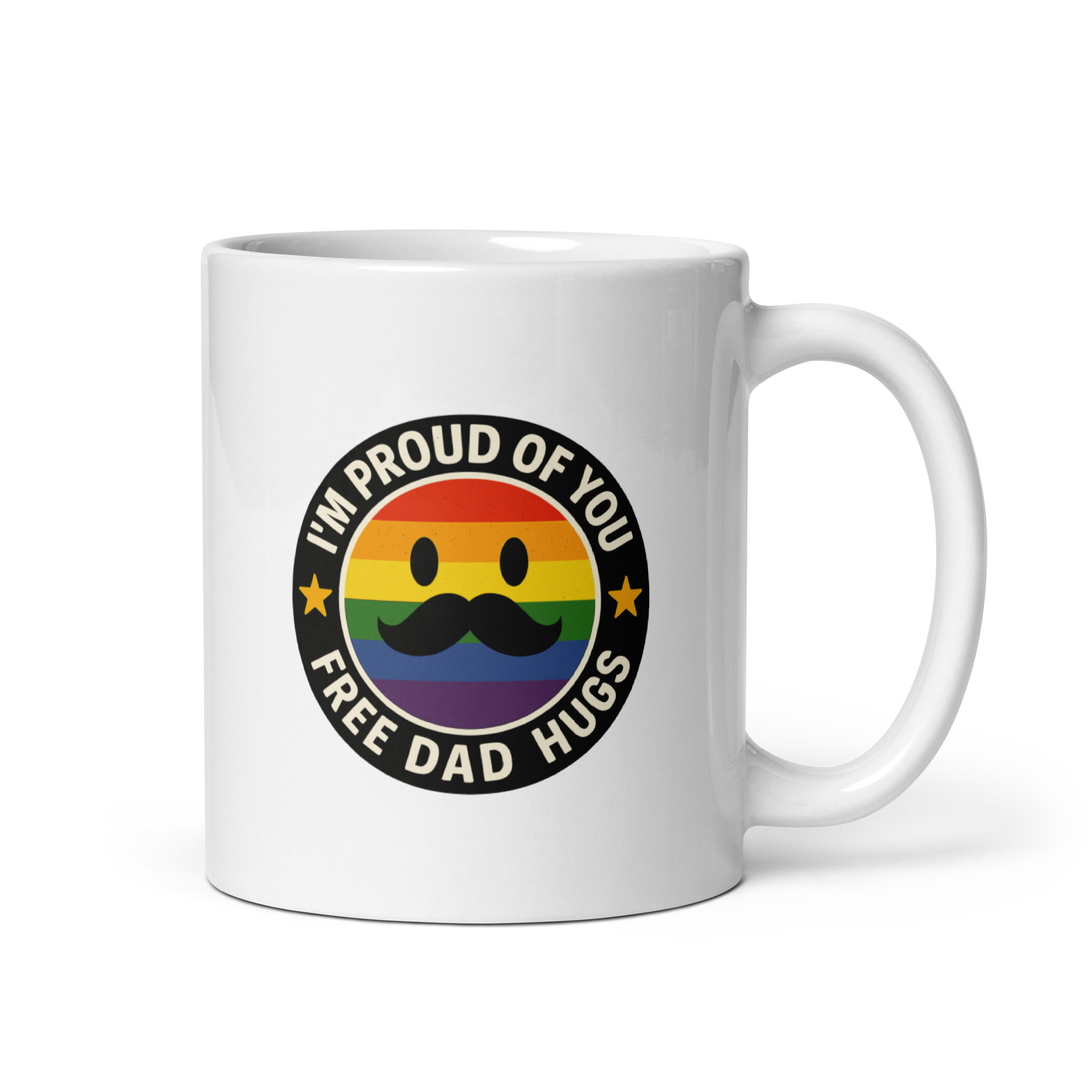 white-glossy-mug-white-11-oz-handle-on-right-68f7350d2d5a7.jpg Mug with rainbow mustache smiley, proud dad message.
