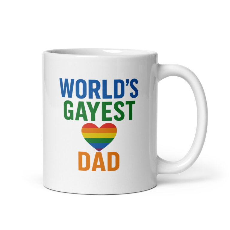 Mug with 'World's Gayest Dad' rainbow heart design