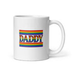 White mug with rainbow 'Daddy' design.