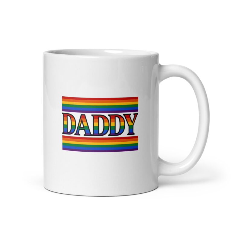 White mug with rainbow 'Daddy' design.