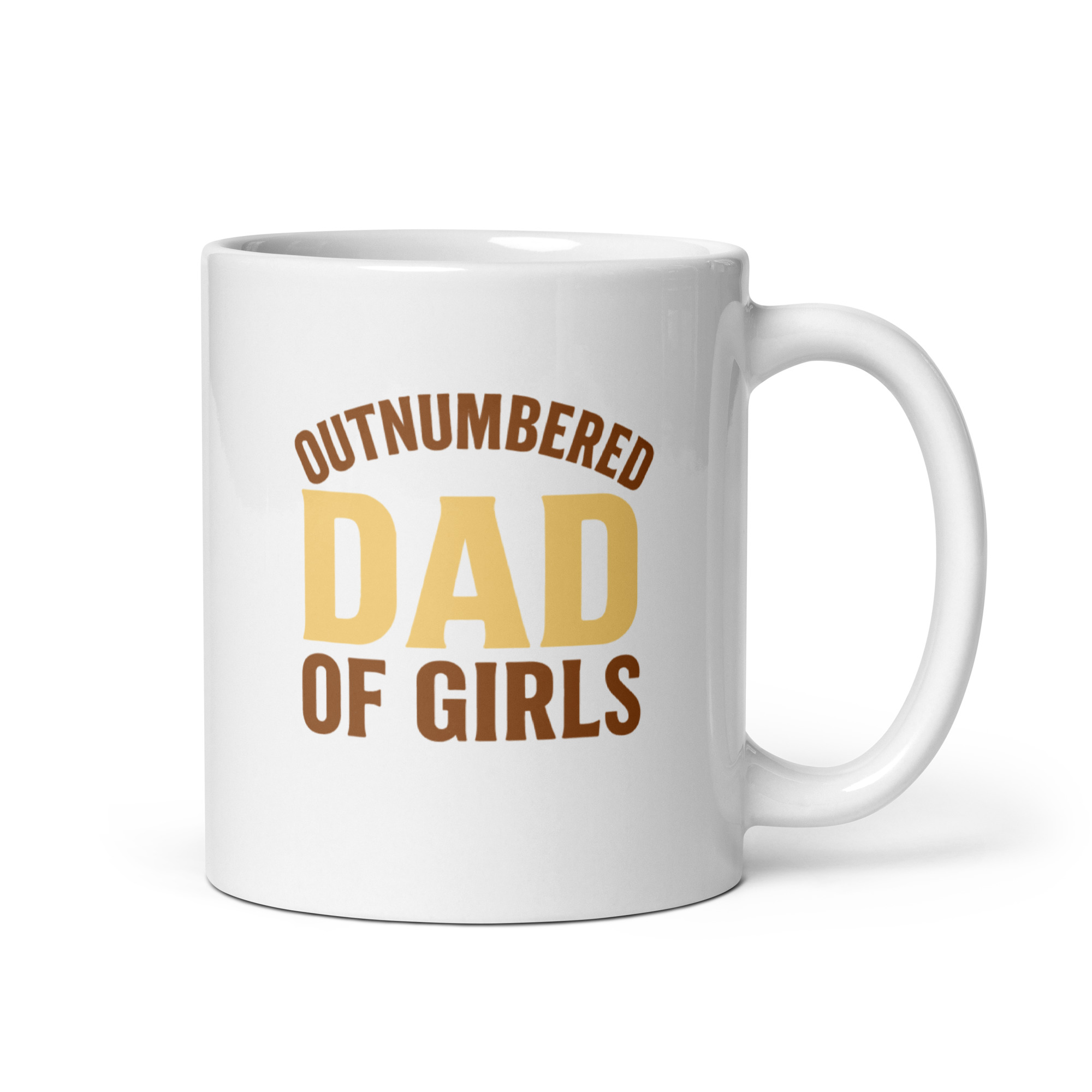 white-glossy-mug-white-11-oz-handle-on-right-68f83f1b4a19e.jpg White mug with 'Outnumbered Dad of Girls' text