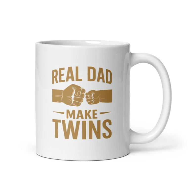 White mug with 'Real Dad Make Twins' design