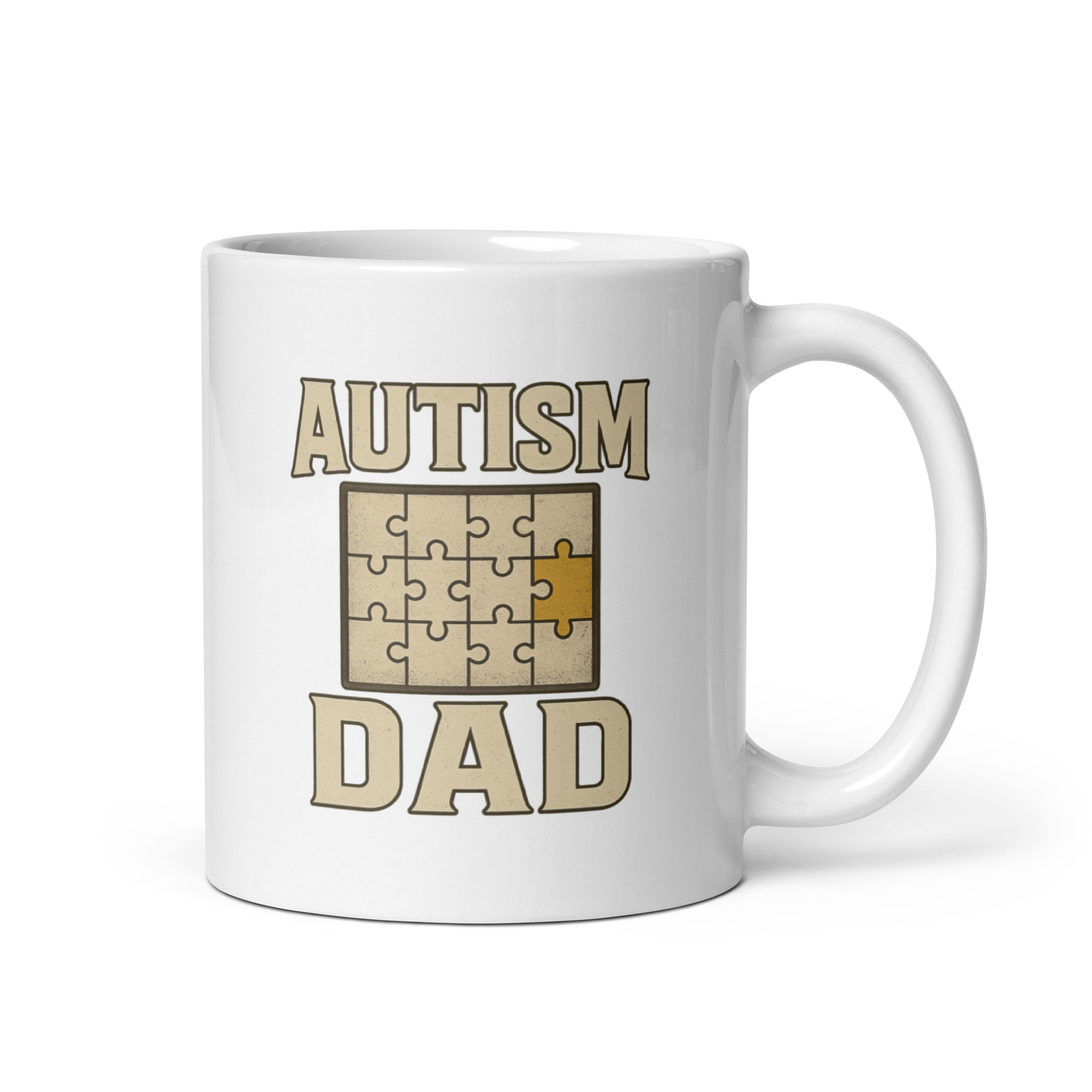 white-glossy-mug-white-11-oz-handle-on-right-68f872e968782.jpg White mug with 'Autism Dad' puzzle design.