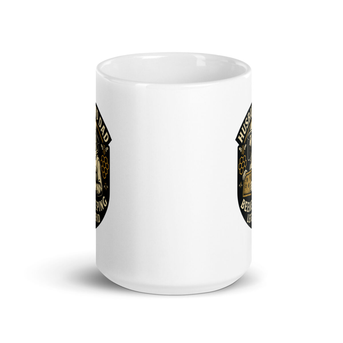 White mug with Husbee Dad logo, beekeeping theme.