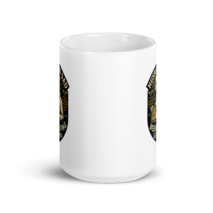 White mug with Husbee Dad logo, beekeeping theme.