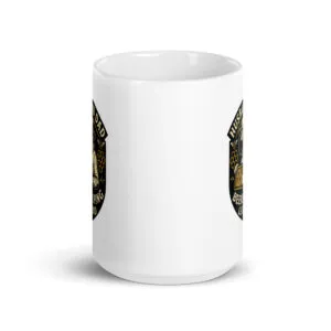 White mug with Husbee Dad logo, beekeeping theme.