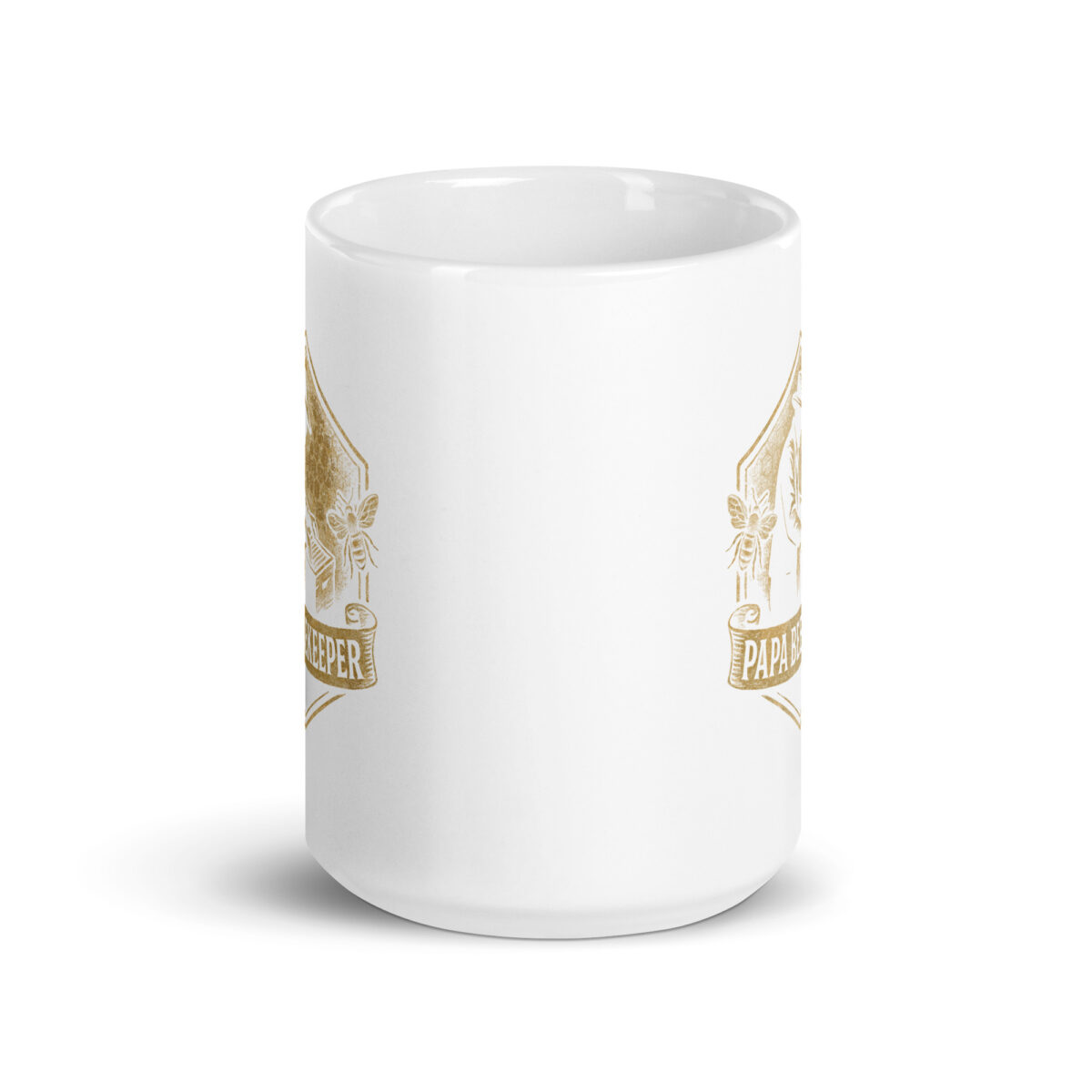 White mug with golden vintage print design.