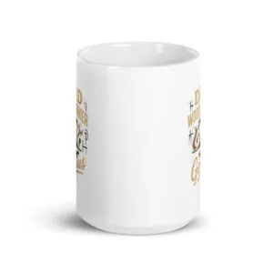 White mug with woodworker design and text.