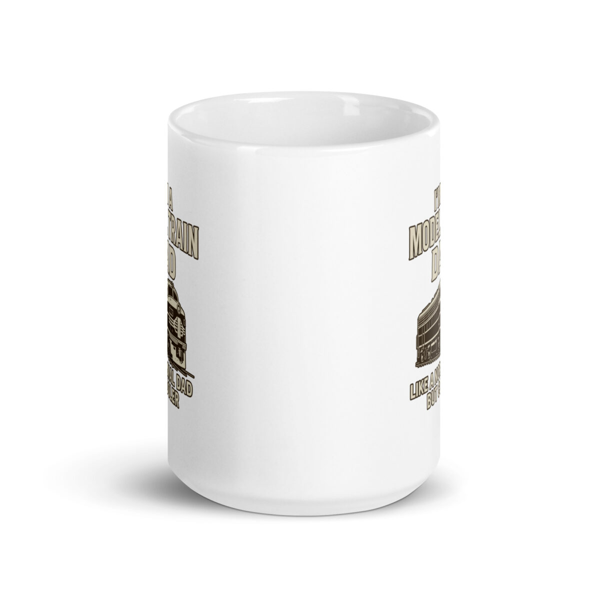 White mug with train enthusiast design.