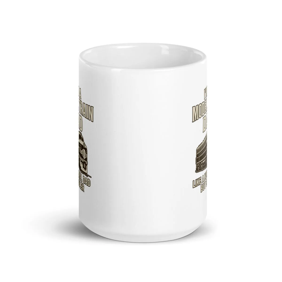 White mug with train enthusiast design.