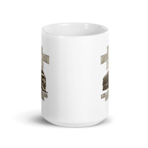 White mug with train enthusiast design.