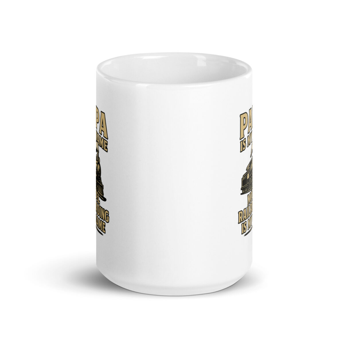 White mug with railroading design and text