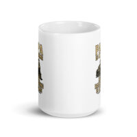 White mug with railroading design and text