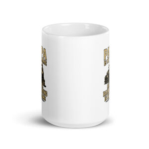 White mug with railroading design and text