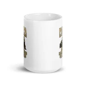 White mug with railroading design and text