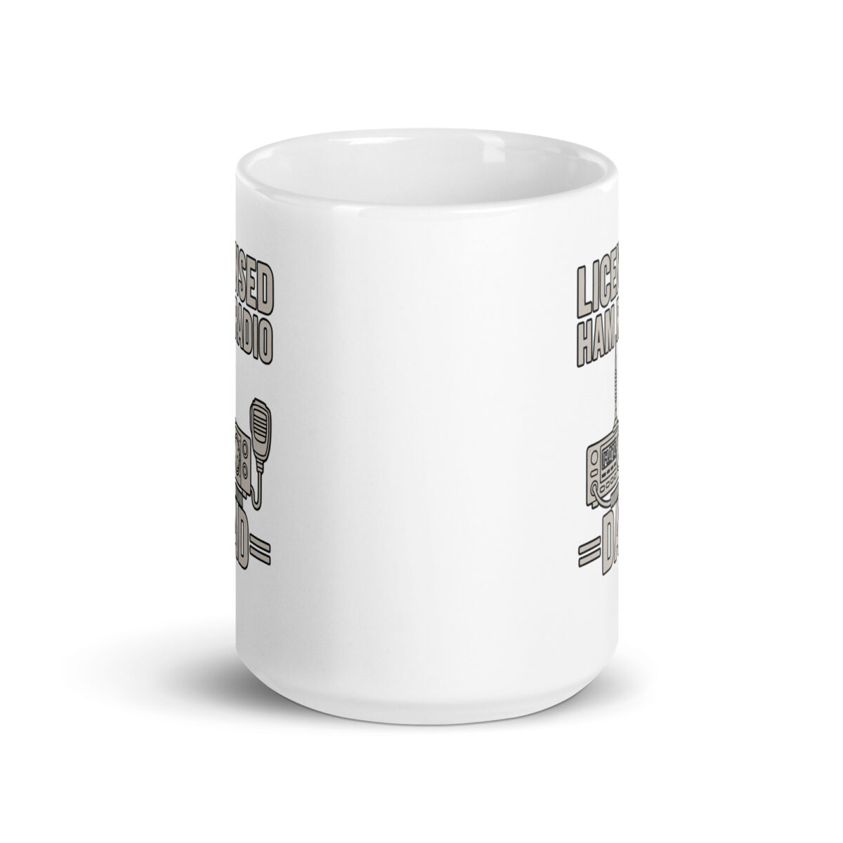 White mug with radio illustration and text