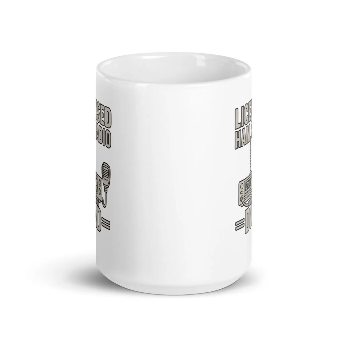 White mug with radio illustration and text