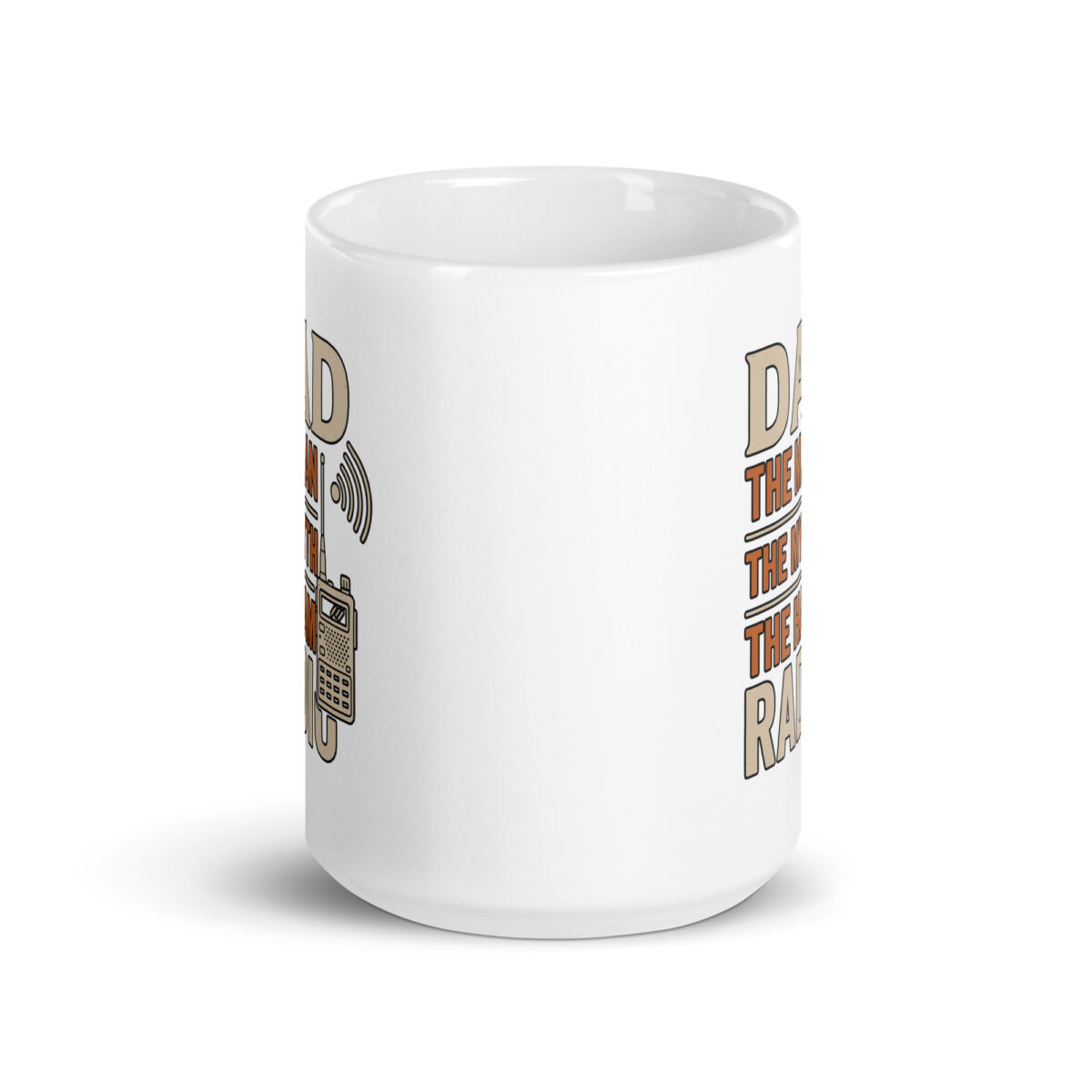 White mug with retro radio design and text