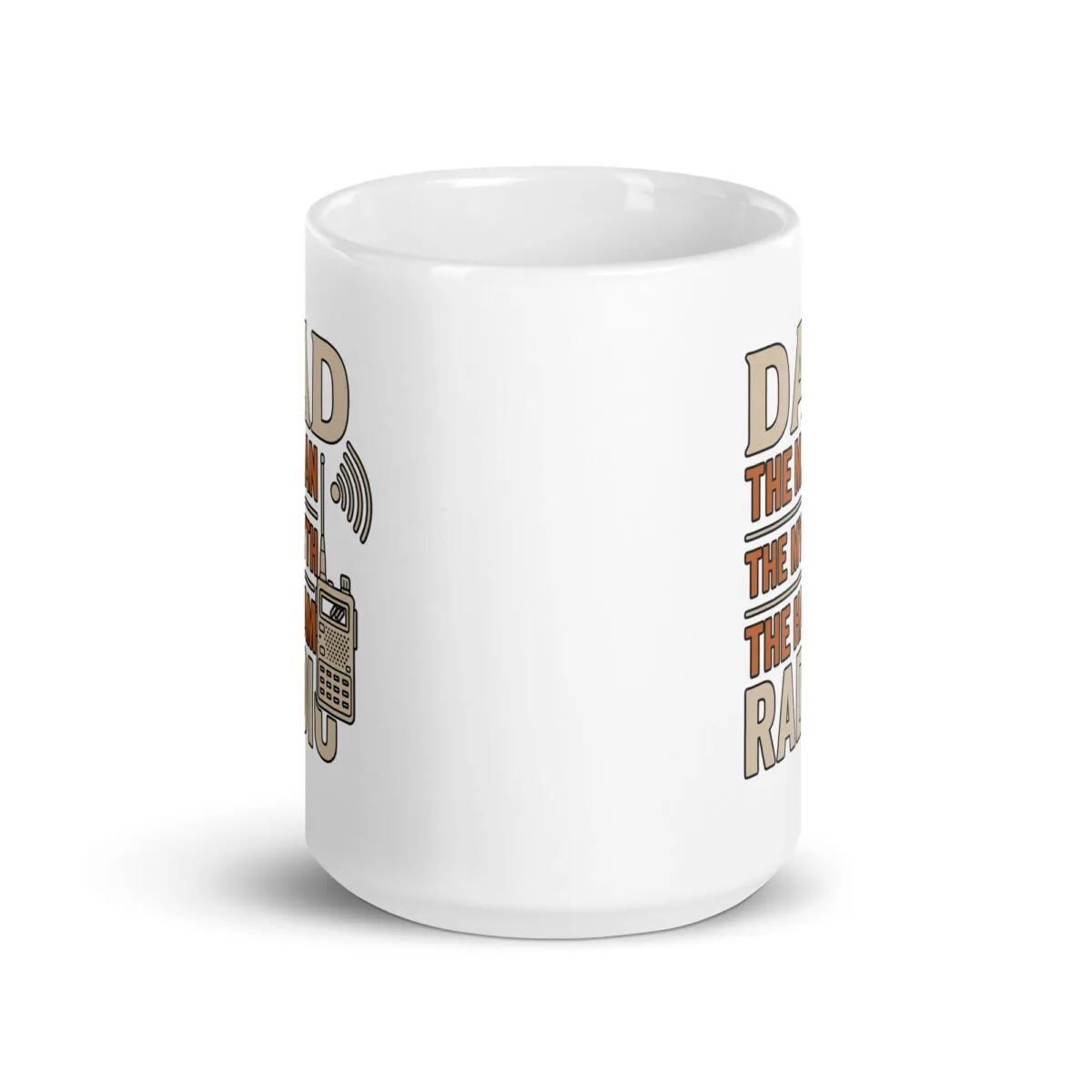 White mug with retro radio design and text