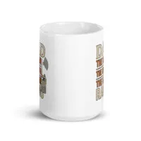 White mug with retro radio design and text