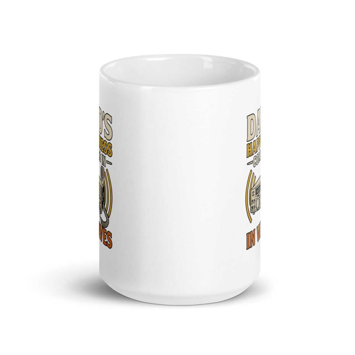 White mug with subtle design and text.