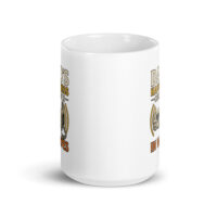 White mug with subtle design and text.