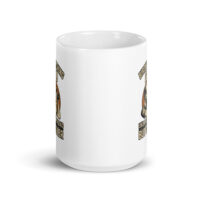 White mug with humorous dog-themed image.
