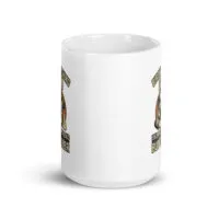 White mug with humorous dog-themed image.