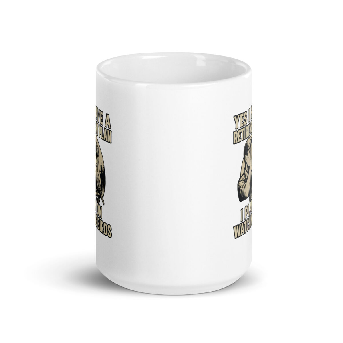 White mug with humorous birdwatching message