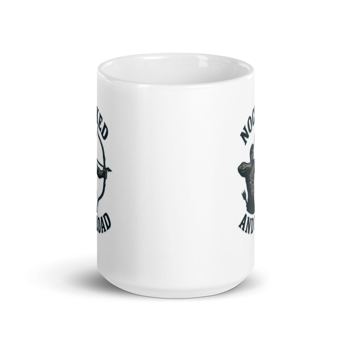 White mug with bear and arrow design.