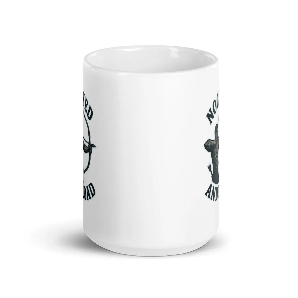 White mug with bear and arrow design.