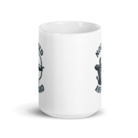 White mug with bear and arrow design.