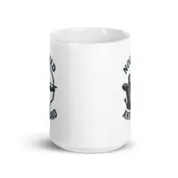 White mug with bear and arrow design.