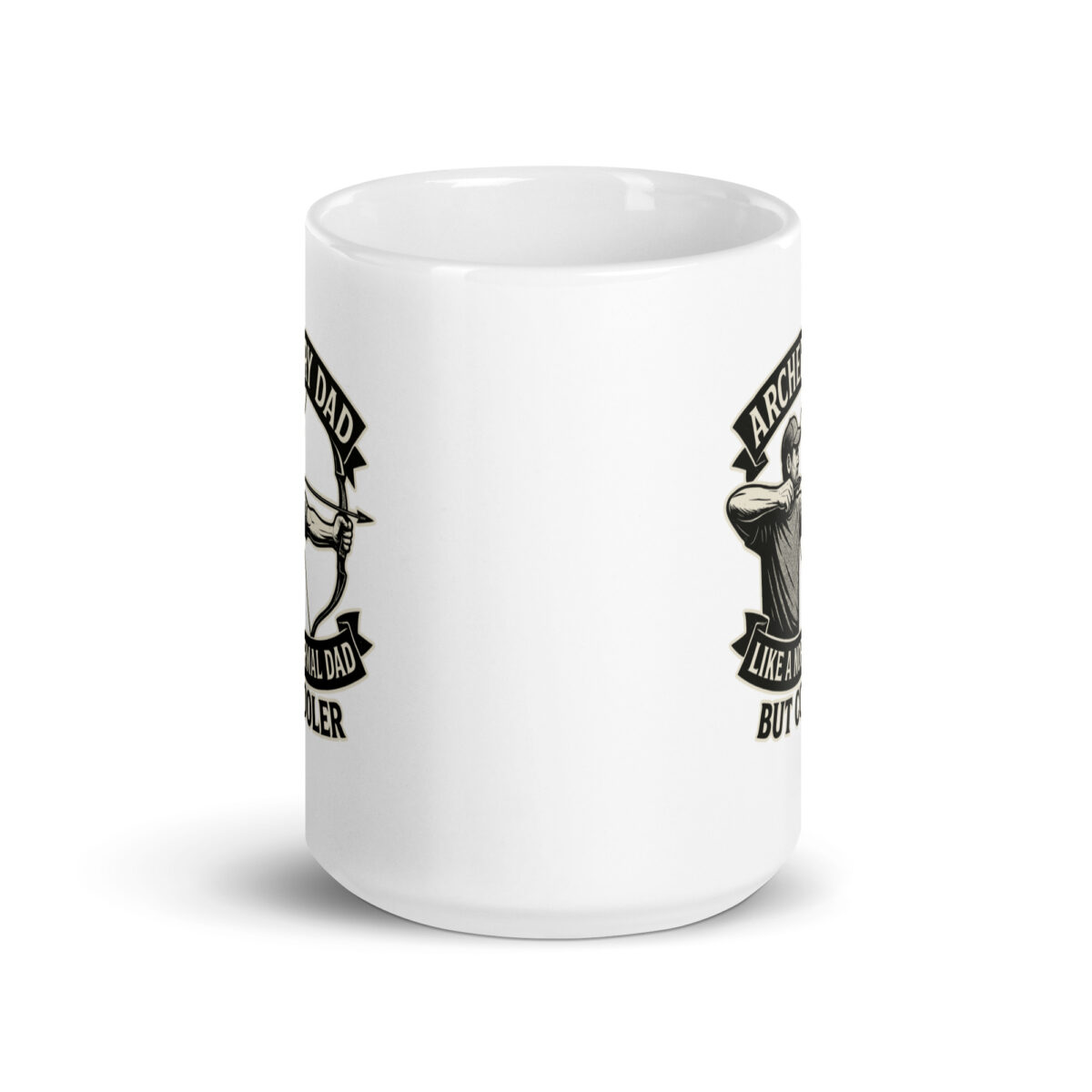 White mug with archer father design and text.