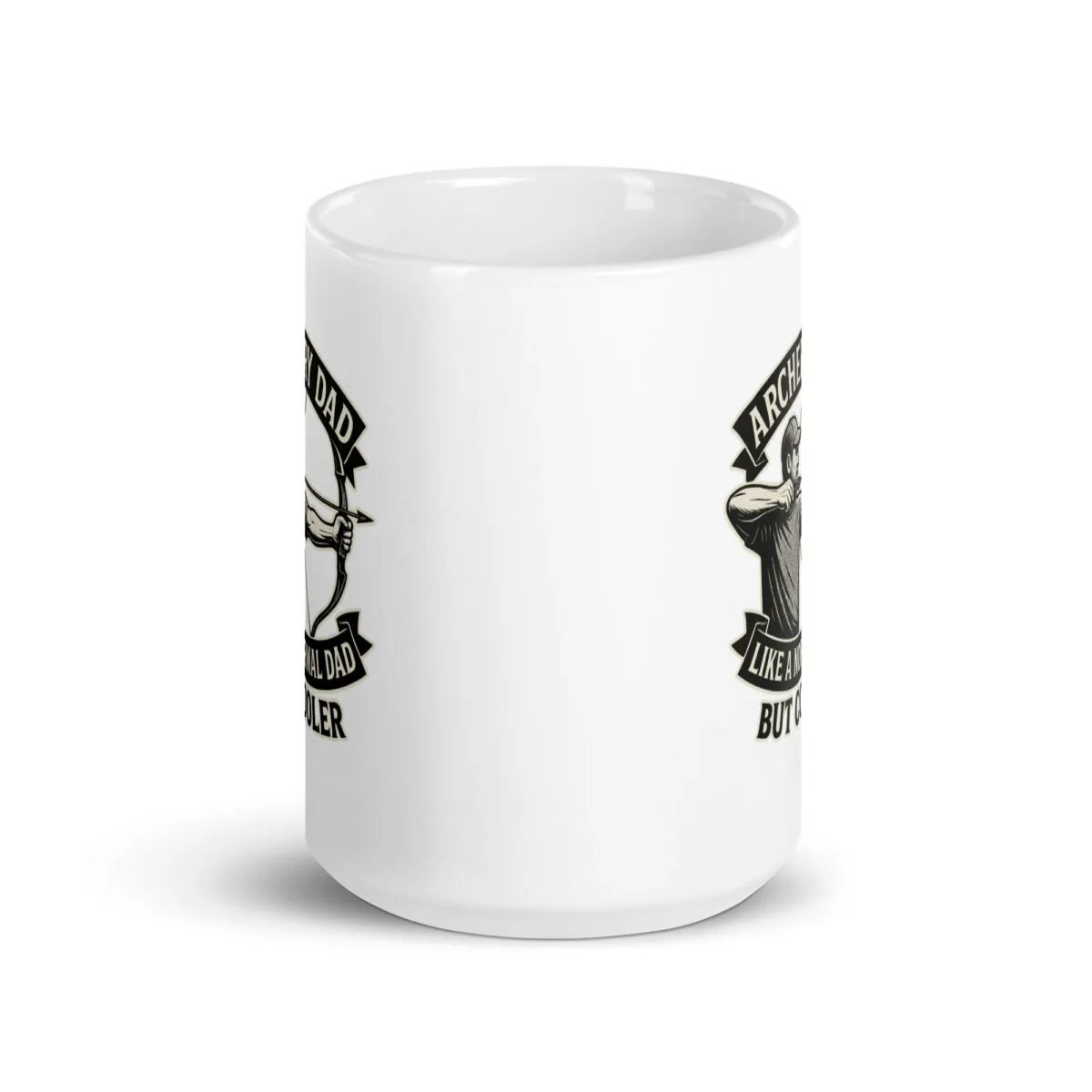 White mug with archer father design and text.