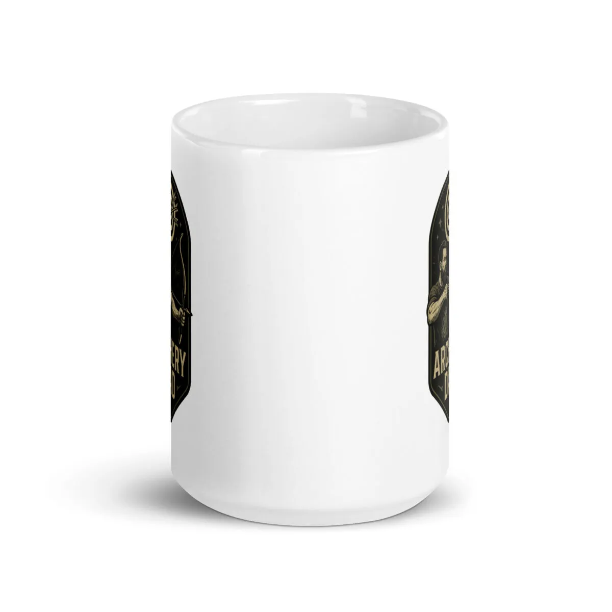 White mug with archery-themed design.