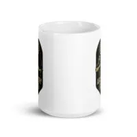 White mug with archery-themed design.