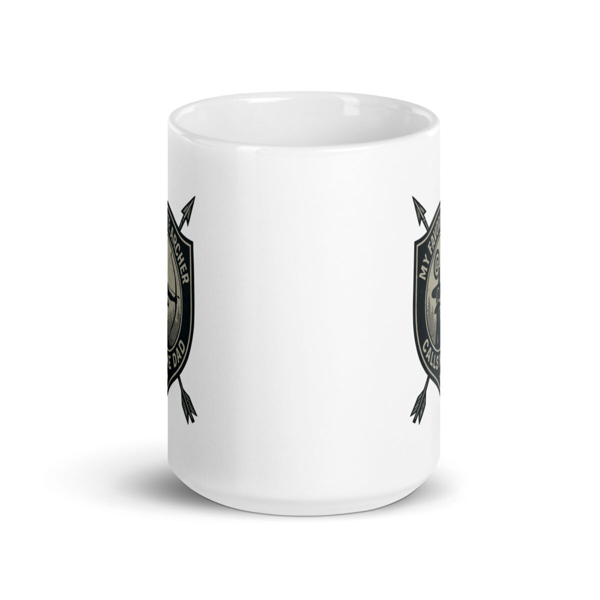 Ceramic mug with archery-themed logo.