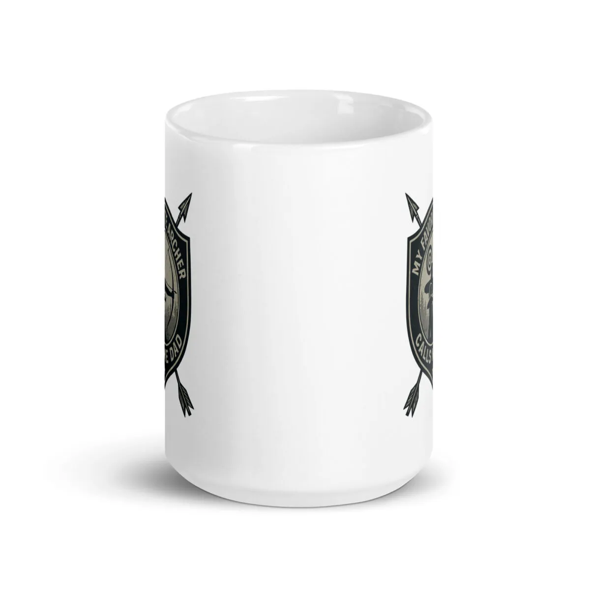 Ceramic mug with archery-themed logo.