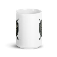Ceramic mug with archery-themed logo.